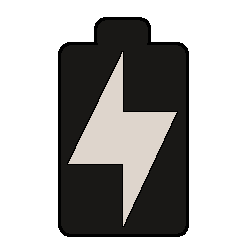 A drawing of a battery with a white lightning bolt inside.